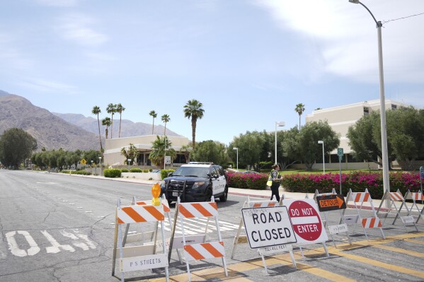 A street is closed near the location of an explosion on May 17, 2025 in Palm Springs, California (AP Photo/Eric Thayer).