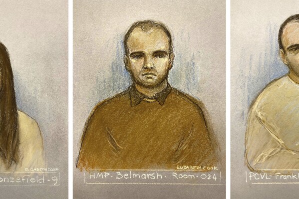 This comp of court artist sketches by Elizabeth Cook of Bulgarian nationals, left to right, Katrin Ivanova, Vanya Gaberova, Orlin Roussev, Ivan Stoyanov and Bizer Dzhambazov appearing via video link at Westminster Magistrates' Court, London, charged with spying for Russia, Tuesday Sept. 26, 2023. Five Bulgarians living in the U.K. who were charged with spying for Russia appeared Tuesday in court for a brief hearing. (Elizabeth Cook/PA via AP)