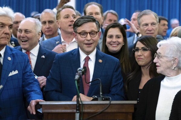 Rep. Mike Johnson, R-La., speaks after he was chosen as the Republicans latest nominee for House speaker at a Republican caucus meeting at the Capitol in Washington, Tuesday, Oct. 24, 2023. (AP Photo/Jose Luis Magana)