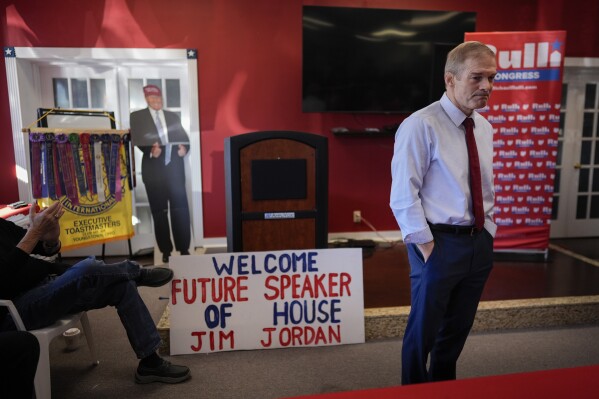 Rep. Jim Jordan, R-Ohio, pauses while speaking at a rally for Rep. Michael Rulli, R-Ohio, at the Mahoning County Republican Party headquarters in Boardman, Ohio, Thursday, Oct. 17, 2024. Leaning against the stage is a sign made by Donald Skowron that reads "Welcome Future Speaker of House Jim Jordan" and a cardboard cutout of Republican presidential nominee former President Donald Trump. (AP Photo/Carolyn Kaster)