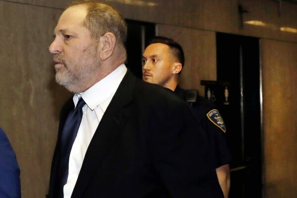 
              Harvey Weinstein enters State Supreme Court in New York, Friday, April 26, 2019. Both sides in Harvey Weinstein's sexual assault case want the media and the public barred from the disgraced movie mogul's court appearance.(AP Photo/Richard Drew)
            