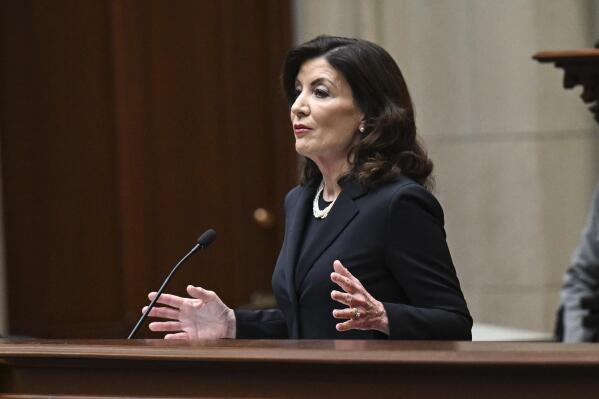 New York Gov. Kathy Hochul delivers her State of the State address in the Assembly Chamber at the state Capitol, Tuesday, Jan. 10, 2023, in Albany, N.Y. (AP Photo/Hans Pennink)
