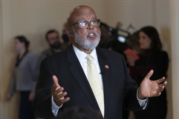 FILE - Committee chairman Rep. Bennie Thompson, D-Miss., talks to reporters as he leaves after the House select committee investigating the Jan. 6 attack on the U.S. Capitol final meeting on Capitol Hill in Washington, Monday, Dec. 19, 2022. Two influential members of the U.S. House of Representatives from Mississippi — Democratic Rep. Bennie Thompson and Republican Rep. Michael Guest — confirmed to The Associated Press that they will run for reelection as a state qualifying period began Tuesday for candidates seeking federal office. (AP Photo/Jose Luis Magana, File)