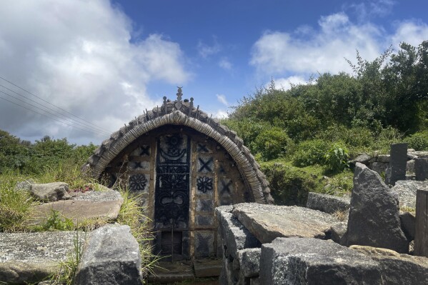 A temple constructed by the Indigenous Toda tribe in the Nilgiris Hills of southern India, on Aug. 31, 2023. This temple is located in the heart of a sacred grassland and Toda settlement known as Muttunad Mund near Kotagiri, India. (AP Photo/Deepa Bharath)