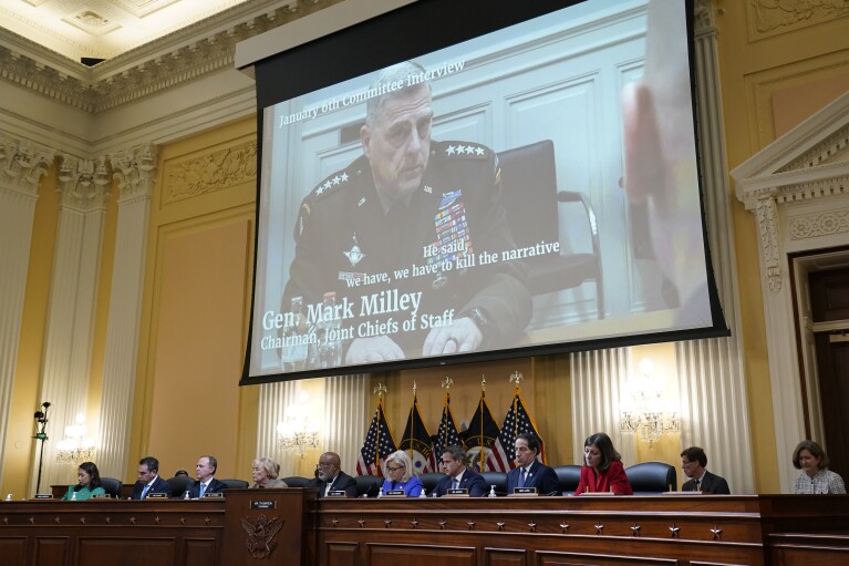 FILE - A video showing the Chairman of the Joint Chiefs of State Gen. Mark Milley, speaking during an interview with the Jan. 6th Committee is shown as the House select committee investigating the Jan. 6 attack on the U.S. Capitol holds its first public hearing to reveal the findings of a year-long investigation, at the Capitol in Washington, Thursday, June 9, 2022. (AP Photo/J. Scott Applewhite, File)