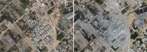 These images provided by Maxar Technologies show an area of Atatra, northern Gaza, before and after Israeli airstrikes. At left, Atatra on May 10, 2023; at right, the same area on Oct. 21, 2023. (Satellite image ©2023 Maxar Technologies via AP)