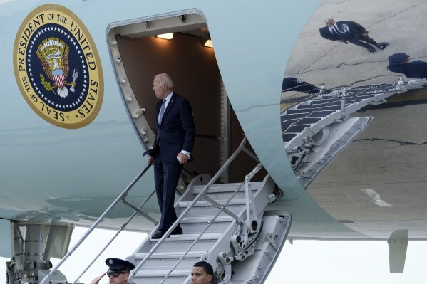 President Joe Biden walks down the steps of Air Force One at John F. Kennedy International Airport in New York, Sunday, Sept. 17, 2023. Biden is in New York to attend the United Nations General Assembly and attend fundraisers. (AP Photo/Susan Walsh)