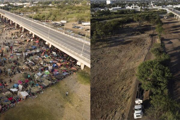 This photo combination shows an area where migrants, many from Haiti, were encamped along the Del Rio International Bridge on Tuesday, Sept. 21, 2021, and a photo showing the area after it was cleared off by authorities, Saturday, Sept. 25, 2021, in Del Rio, Texas. (AP Photo/Julio Cortez)