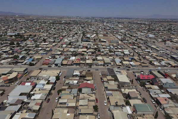 CORRECTS TO REMOVE THAT VIEW IS OF MENNONITE HOMES AND CROPS - An aerial view of Cuauhtemoc, Mexico, Thursday, May 1, 2025. (AP Photo/Martin Silva Rey)