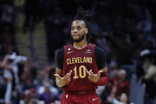 Cleveland Cavaliers guard Darius Garland celebrates after making a 3-point basket during the second half of an NBA basketball game against the New Orleans Pelicans, Monday, Jan. 16, 2023, in Cleveland. (AP Photo/Ron Schwane)