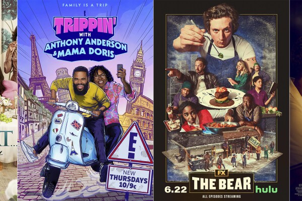 This combination of images shows promotional art for "And Just Like That," premiering its second season on June 22, from left, “Trippin’ with Anthony Anderson and Mama Doris,” a series premiering June 22 on E!, "The Bear," a series premiering June 22 on FX and "Perfect Find," a film premiering June 23 on Netflix. (Max/E!/FX/Netflix via AP)