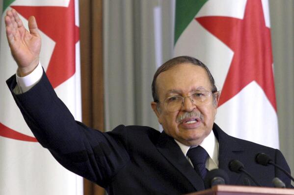 FILE - In this Sunday, Aug. 14, 2005, file photo, Algeria's President Abdelaziz Bouteflika addresses the nations's top officials in Algiers. Former Algerian President Bouteflika, who fought for independence from France in the 1950s and 1960s and was ousted amid pro-democracy protests in 2019 after 20 years in power, has died at age 84, state television announced Friday, Sept. 17, 2021. (AP Photo)