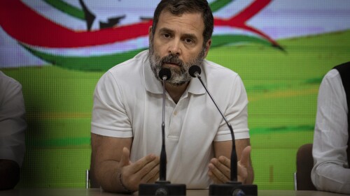 FILE- Indian opposition leader Rahul Gandhi addresses a press conference in New Delhi, India, Saturday, March 25, 2023. Gandhi on Thursday, June 28, visited communities clashing with each other during weeks of violence and living in relief camps in the northeastern state of Manipur amid a fresh shootout that claimed two more lives earlier in the day. (AP Photo/Altaf Qadri)