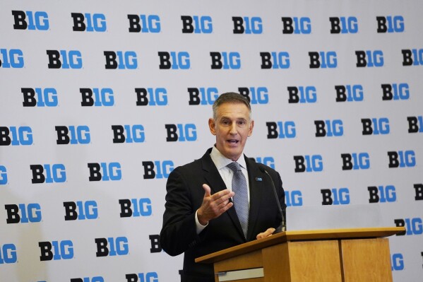 FILE - Tony Petitti is introduced as the Commissioner of the Big Ten Friday, April 28, 2023, in Rosemont, Ill. The Big Ten plans to stick with a 20-game conference schedule for men’s basketball and an 18-game schedule for women’s basketball when the league expands to 18 teams next year. The league also announced that 15 of the 18 members will qualify for the Big Ten men’s and women’s basketball tournaments once Southern California, UCLA, Oregon and Washington arrive from the Pac-12. (AP Photo/David Banks, File)