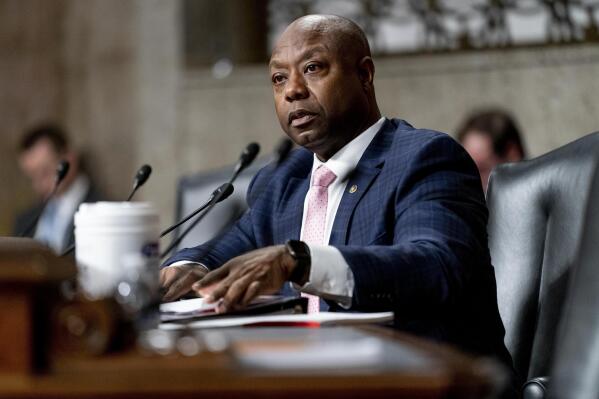 FILE - Sen. Tim Scott, R-S.C., speaks during a Senate Banking Committee hearing on Capitol Hill in Washington, Nov. 30, 2021.  Three women are competing for the Democratic nomination to take on Sen. Tim Scott, who said this will be his last term if he is reelected. Scott has no Republican opposition and has raised $44 million for his pursuit of a second full six-year term. (AP Photo/Andrew Harnik, File)