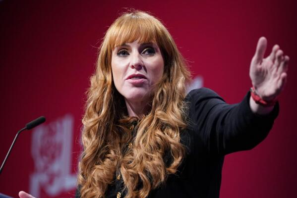 Labour deputy leader Angela Rayner speaks at the Labour Party conference in Brighton, England, Saturday Sept. 25, 2021. The deputy leader of Britain’s main opposition party is refusing to apologize for calling the governing Conservatives “scum.” Labour Party lawmaker Angela Rayner called members of the government a “bunch of scum — homophobic, racist, misogynistic” during a reception at the party’s annual conference on Saturday. (Stefan Rousseau/PA via AP)