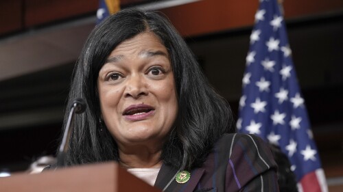 FILE - Rep. Pramila Jayapal, D-Wash., speaks during a news conference, May 24, 2023, on Capitol Hill in Washington. The House will vote on a Republican-led resolution reaffirming support for Israel, which appears to serve as implicit rebuke of a leading Democrat who called the country a “racist state” but later apologized. (AP Photo/Mariam Zuhaib, File)