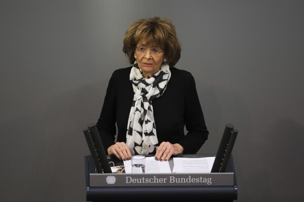 FILE - Holocaust survivor Charlotte Knobloch delivers a speech at the German Federal Parliament, Bundestag, at the Reichstag building in Berlin, Germany, Wednesday, Jan. 27, 2021 during a special meeting commemorating the victims of the Holocaust on the International Holocaust Remembrance Day. (AP Photo/Markus Schreiber, File)