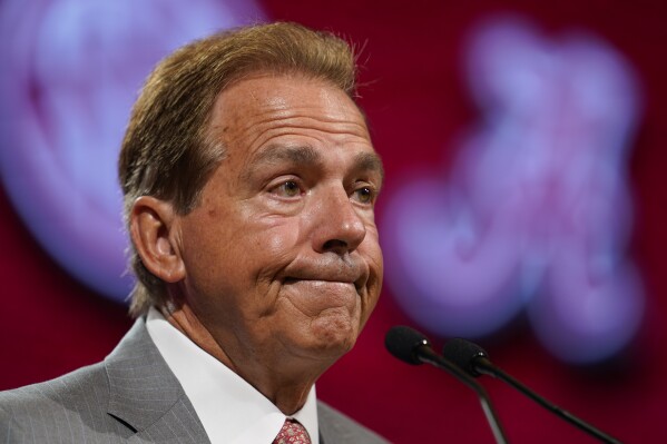 FILE - Alabama head coach Nick Saban speaks during NCAA college football Southeastern Conference Media Days, Wednesday, July 19, 2023, in Nashville, Tenn. For most schools, a preseason No. 4 ranking would feel pretty good. (AP Photo/George Walker IV, File)