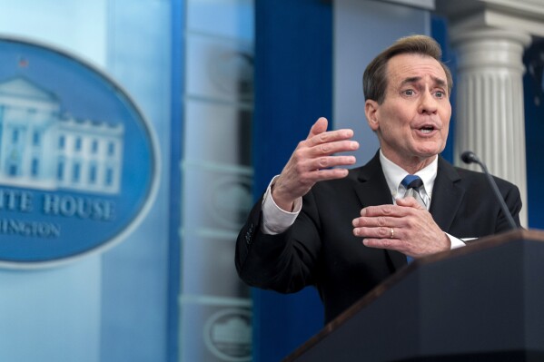 White House national security communications adviser John Kirby speaks at a press briefing at the White House in Washington, Thursday, Feb. 15, 2024. (AP Photo/Andrew Harnik)