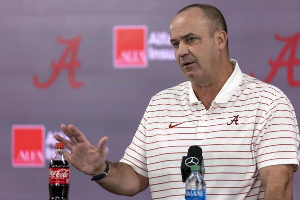 FILE - Alabama offensive coordinator Bill O'Brien speaks during the Crimson Tide's NCAA college football media day, Sunday, Aug. 7, 2022, in Tuscaloosa, Ala. Bill O’Brien has agreed to return to the Patriots as their offensive coordinator, a person familiar with the decision told The Associated Press on Tuesday, Jan. 24, 2023. (AP Photo/Vasha Hunt, File)