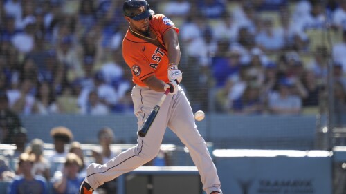 Houston Astros' Jose Abreu (79) hits a home run during the fourth inning of a baseball game against the Los Angeles Dodgers in Los Angeles, Sunday, June 25, 2023. Kyle Tucker also scored. (AP Photo/Ashley Landis)