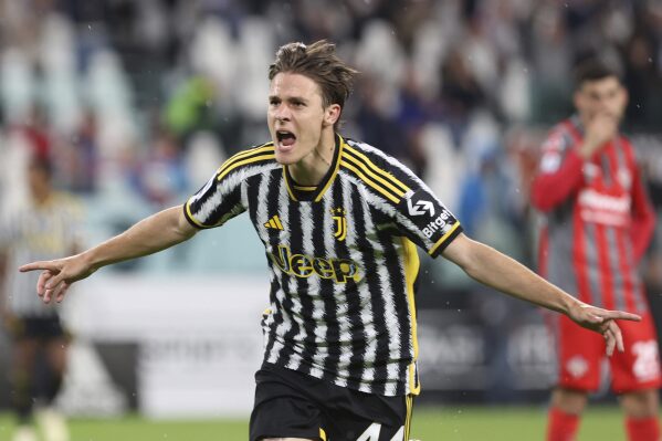 FILE - Nicolo Fagioli of Juventus celebrates during a Serie A soccer match between Juventus and Cremonese at the Allianz Stadium in Turin, Italy, Sunday May 14, 2023. Juventus has extended Nicolò Fagioli’s contract until the end of June 2028. The announcement comes less than a month after the young midfielder was banned for seven months by the Italian soccer federation for betting violations. (Tano Pecoraro/LaPresse via AP, File)