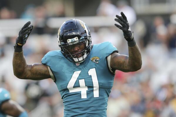 Jacksonville Jaguars linebacker Josh Allen (41) celebrates a sack against the Pittsburgh Steelers during the first half of an NFL preseason football game, Saturday, Aug. 20, 2022, in Jacksonville, Fla. (AP Photo/Gary McCullough)
