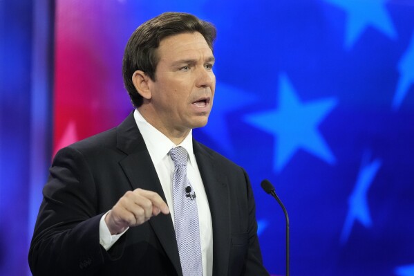 Republican presidential candidate Florida Gov. Ron DeSantis speaks during a Republican presidential primary debate hosted by NBC News, Wednesday, Nov. 8, 2023, at the Adrienne Arsht Center for the Performing Arts of Miami-Dade County in Miami. (AP Photo/Rebecca Blackwell)