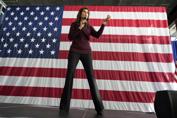 Republican presidential candidate former UN Ambassador Nikki Haley speaks at a Republican campaign event in Raleigh, N.C., Saturday, March 2, 2024. (AP Photo/Chuck Burton)