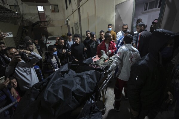 Palestinians carry the body of a person following an Israeli airstrike, into the Al Aqsa hospital in Deir al Balah, Gaza Strip, Monday, April 1, 2024. Gaza medical officials say an apparent Israeli airstrike killed four international aid workers with the World Central Kitchen charity and their Palestinian driver after they helped deliver food and other supplies to northern Gaza that had arrived hours early by ship. (AP Photo/Abdel Kareem Hana)