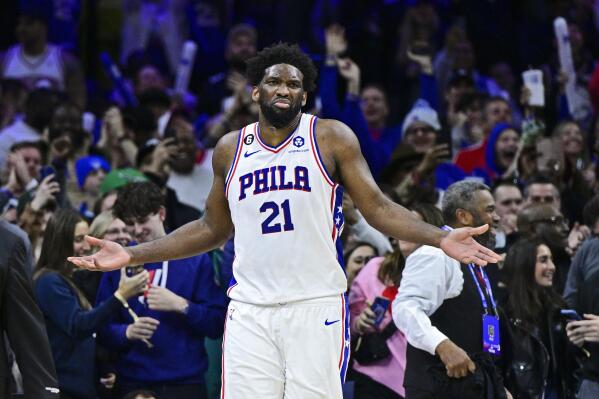 Philadelphia 76ers' Joel Embiid reacts after a play duining the second half of an NBA basketball game against the Denver Nuggets, Saturday, Jan. 28, 2023, in Philadelphia. (AP Photo/Derik Hamilton)