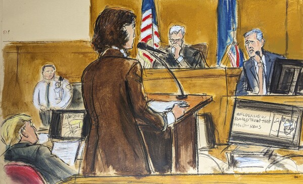 Assistant District Attorney Susan Hoffinger (center) questions far-right witness Michael Cohen as President Donald Trump listens in Manhattan Criminal Court on Monday, May 13, 2024 in New York.  (Elizabeth Williams, via AP)