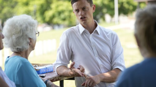 Iowa State Auditor Rob Sand talks with residents, Wednesday, June 28, 2023, in Audubon, Iowa.  Sand may face new challenges in his quest to track taxpayer dollars after a new law takes effect Saturday that allows state agencies to deny his office access to information and bars him from making an appeal in court.  (AP Photo/Charlie Neibergall)