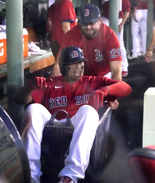 Boston Red Sox third baseman Rafael Devers celebrates his solo HR