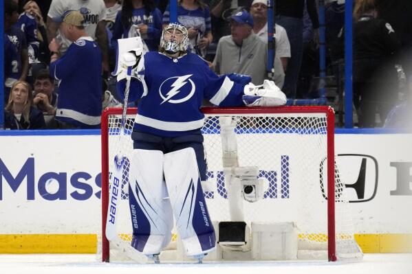 Tampa Bay Lightning goaltender Andrei Vasilevskiy (88) reacts after losing to the Toronto Maple Leafs during overtime in Game 6 of an NHL hockey Stanley Cup first-round playoff series Saturday, April 29, 2023, in Tampa, Fla. (AP Photo/Chris O'Meara)