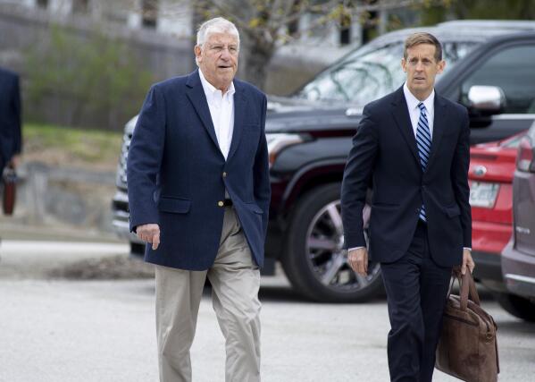 Eliot Cutler walks to the Hancock County Unified Criminal Court in Ellsworth, Maine with his lawyer Walter McKee on Thursday May 4, 2023. The attorney who used his personal wealth to bankroll two unsuccessful runs for governor has pleaded guilty to possession of thousands of images of child sexual abuse. Cutler, who narrowly lost in 2010, pleaded guilty to a judge Thursday. A plea agreement calls for the Cutler to serve nine months in jail for four counts of possessing sexually explicit material of a child under 12. (Linda Coan O'Kresik/The Bangor Daily News via AP)