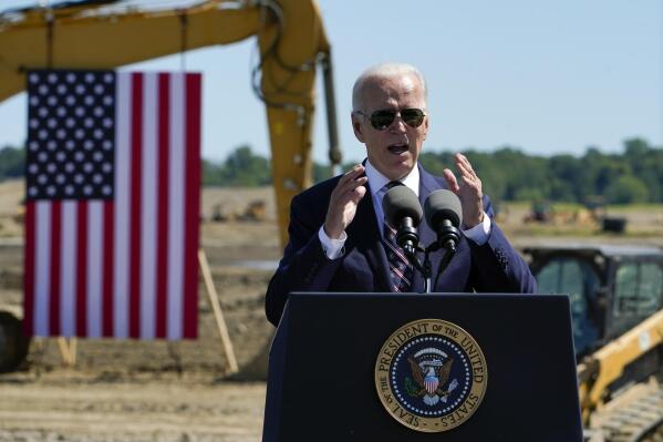 President Joe Biden speaks during a groundbreaking for a new Intel computer chip facility in New Albany, Ohio, Friday, Sep. 9, 2022. (AP Photo/Manuel Balce Ceneta)