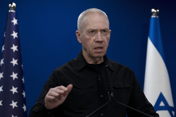 FILE - Israel Minister of Defense Yoav Gallant makes a joint statement with his U.S. counterpart, Secretary of Defense Lloyd Austin, after their meeting about Israel's military operation in Gaza, in Tel Aviv, Israel, on Dec. 18, 2023. (AP Photo/Maya Alleruzzo, File)