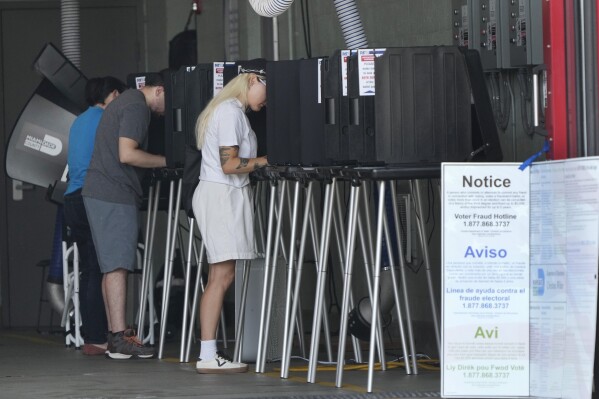 Voters cast their ballots in Florida's primary election, Aug. 20, 2024, at a polling place inside the Indian Creek Fire Station in Miami Beach, Fla. (AP Photo/Wilfredo Lee, File)