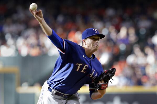 Texas Rangers starting pitcher Kyle Gibson throws to a Houston Astros batter during the first inning of a baseball game Saturday, July 24, 2021, in Houston. (AP Photo/Michael Wyke)
