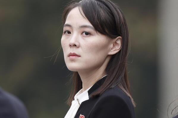 FILE - Kim Yo Jong, sister of North Korea's leader Kim Jong Un, attends a wreath-laying ceremony at Ho Chi Minh Mausoleum in Hanoi, Vietnam, March 2, 2019. Kim Jong Un made insult-laden threats against South Korea on Thursday for considering unliteral sanctions on the North, calling the South’s new president and his government “idiots” and “a running wild dog gnawing on a bone given by the U.S.” (Jorge Silva/Pool Photo via AP, File)