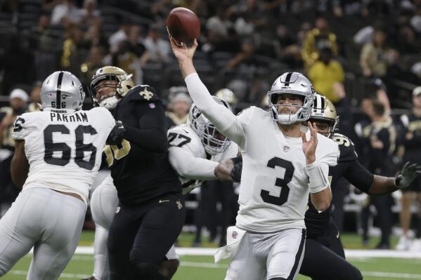 FILE - Las Vegas Raiders quarterback Jarrett Stidham (3) throws a pass during the second half of the team's NFL football game against the New Orleans Saints on Oct. 30, 2022, in New Orleans. Stidham called getting the opportunity to start his first NFL game “a dream come true” even if the circumstances weren't ideal and the opponent Sunday, the San Francisco 49ers, owns the league's top defense. Stidham takes the place of Derek Carr, whose nine-year era likely ended Wednesday, Dec. 28, when he was benched for the final two games by Raiders coach Josh McDaniels. (AP Photo/Butch Dill, File)