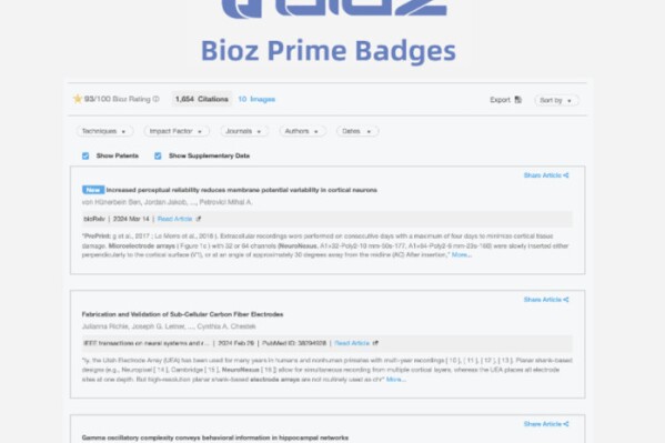PALO ALTO, CA / ACCESSWIRE / April 24, 2024 /Bioz, Inc., a Silicon Valley AI company, has partnered with NeuroNexus to provide a suite of digital citation widgets that display NeuroNexus' peer-reviewed product mentions on their website. For more ...