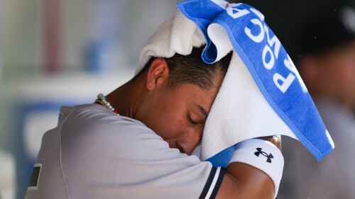 New York Yankees' Oswaldo Cabrera wipes off his head with a towel in the dugout during the fifth inning of a baseball game against the Los Angeles Angels in Anaheim, Calif., Wednesday, July 19, 2023. (AP Photo/Ashley Landis)