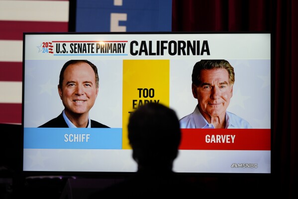 Hình ảnh của Hạ nghị sĩ Hoa Kỳ Adam Schiff, D-Calif., Ở bên trái, một ứng cử viên Thượng viện Hoa Kỳ và đối thủ Đảng Cộng hòa của ông Steve Garvey chiếu trên màn hình tivi trong bữa tiệc đêm bầu cử cho Schiff, Thứ Ba, ngày 5 tháng 3 năm 2024, ở Los Angeles . (Ảnh AP/Jae C. Hong)