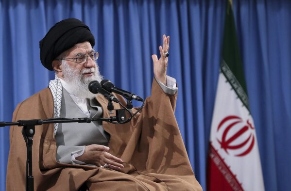 
              In this picture released by an official website of the office of the Iranian supreme leader, Supreme Leader Ayatollah Ali Khamenei speaks at a meeting with a group of  Revolutionary Guards and their families, in Tehran, Iran, Tuesday, April 9, 2019. Khamenei praised Iran's Revolutionary Guard and said America's "evil designs would not harm" the force after the White House designated the guard a foreign terrorist organization. (Office of the Iranian Supreme Leader via AP)
            