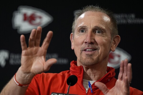 Kansas City Chiefs defensive coordinator Steve Spagnuolo talks to the media before the team's NFL football practice Friday, Feb. 2, 2024 in Kansas City, Mo. The Chiefs will play the San Francisco 49ers in Super Bowl 58. (APPhoto/Charlie Riedel)