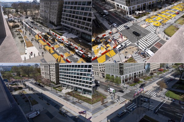 This combination of images shows Black Lives Matter plaza on 16th Street, NW, near the White House on March 10, 2025, top, as work was beginning to remove signage and markings, and on April 1, 2025, after the work was completed. (AP Photo)