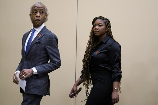 The Rev. Al Sharpton, left, and Cherelle Griner attend a news conference in Chicago, Friday, July 8, 2022. Griner, the wife of WNBA star Brittney Griner, joined Sharpton and WNBA players and union leader Terri Jackson the day after Brittney Griner pleaded guilty to drug possession charges in a Russian court. (AP Photo/Nam Y. Huh)
